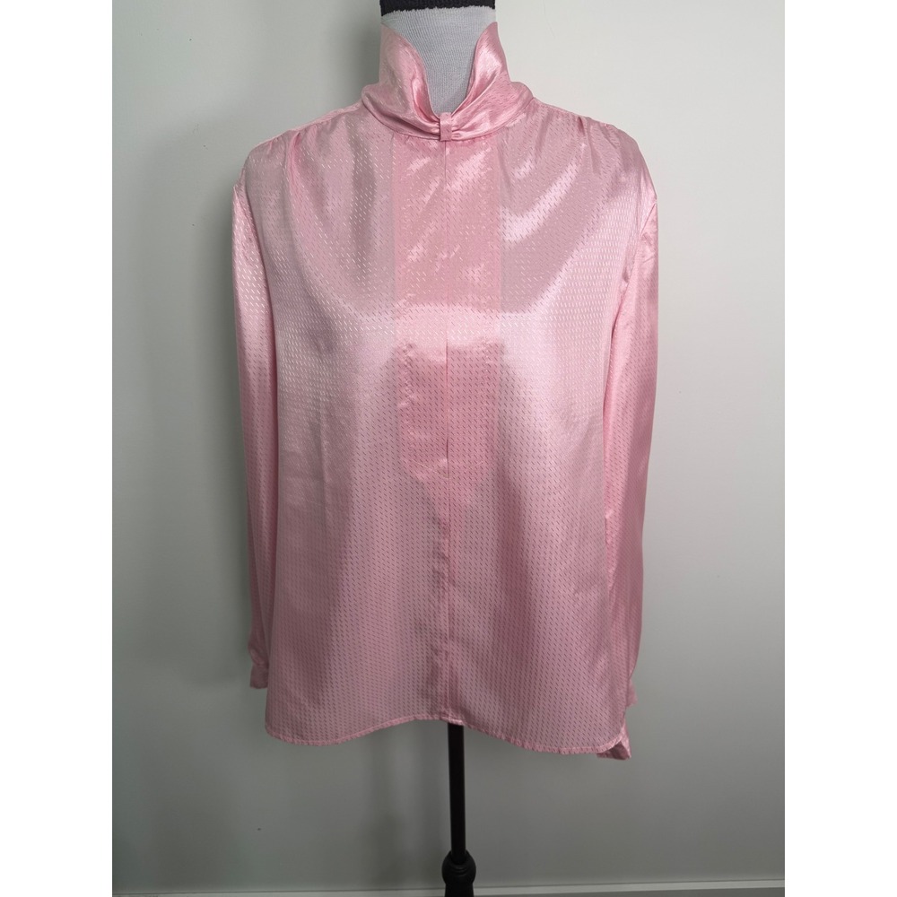Pykettes Vintage Pink Satin Mock Neck Blouse Size 16 130-523 Romantic Cottage